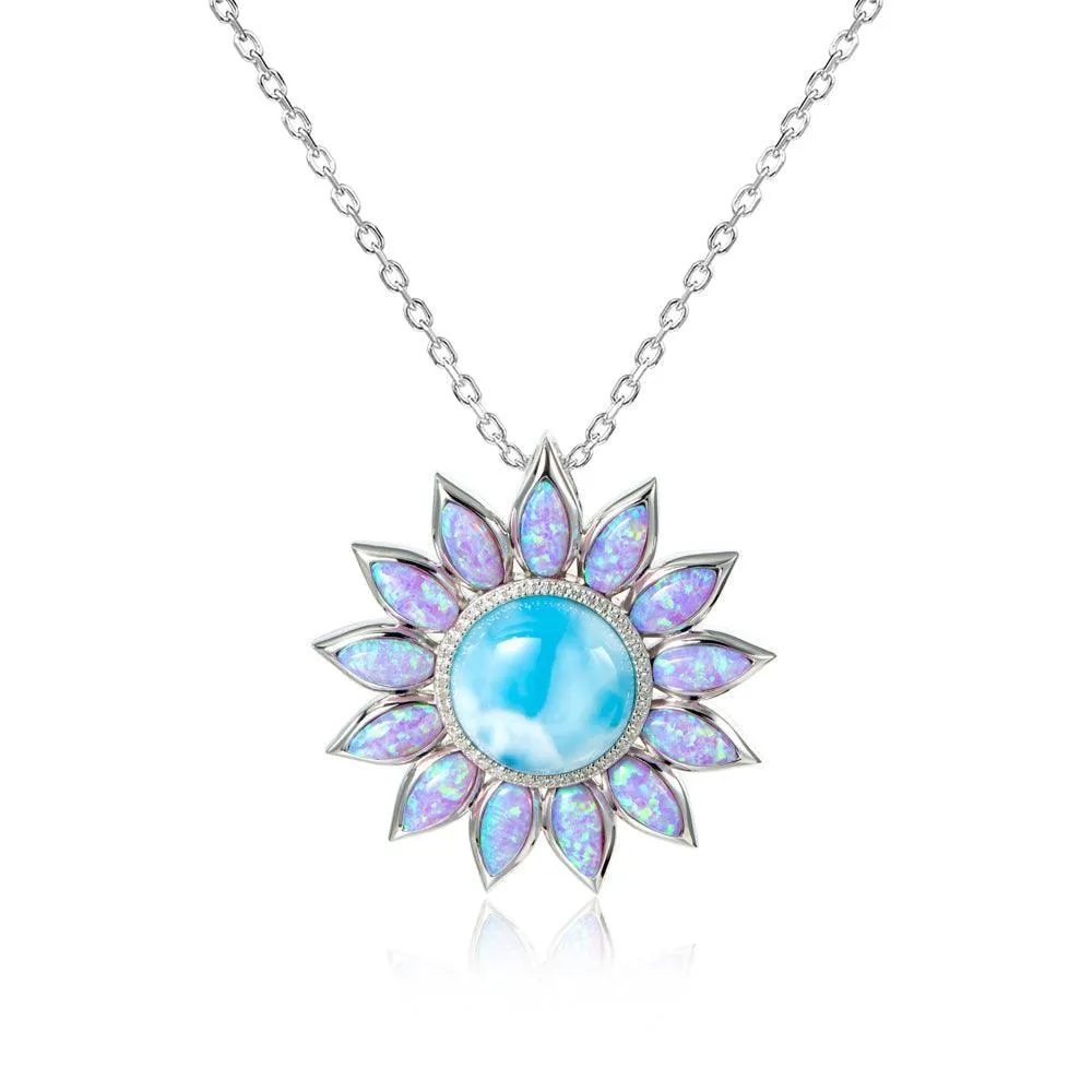 Pink Opal Sunflower Pendant with Larimar (Large)