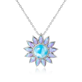 Pink Opal Sunflower Pendant with Larimar (Large)