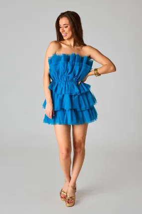 Powder Puff Strapless Tulle Mini Dress - Indigo