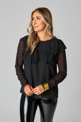 Prairie Ruffle Long Sleeve Top - Black Quartz