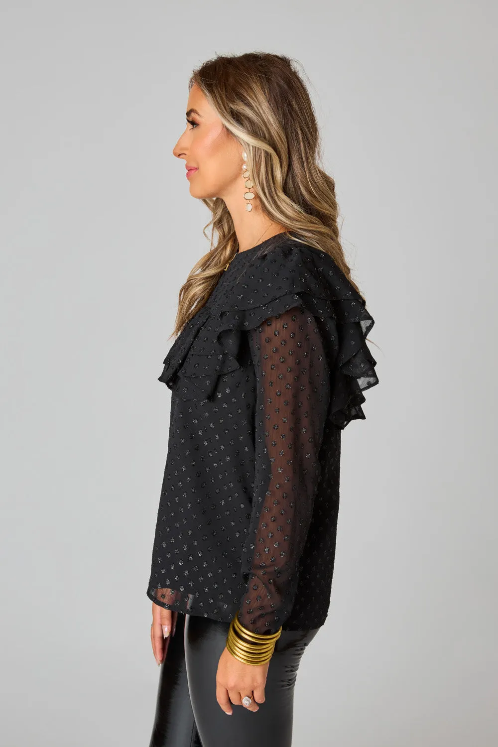 Prairie Ruffle Long Sleeve Top - Black Quartz