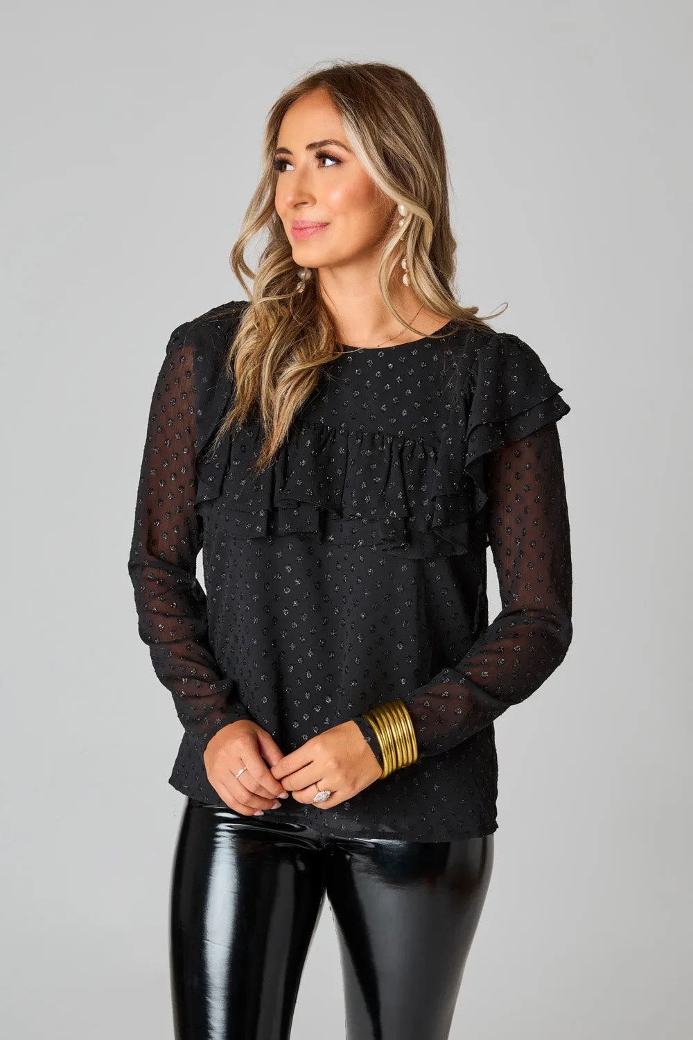 Prairie Ruffle Long Sleeve Top - Black Quartz