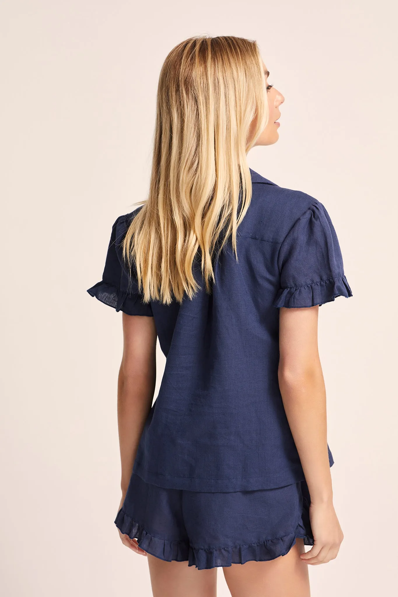 Rebecca Linen Frill Womens Pyjama Set -Navy