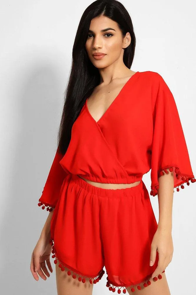 Red Pom-Pom Trims Batwing Top And Shorts Set