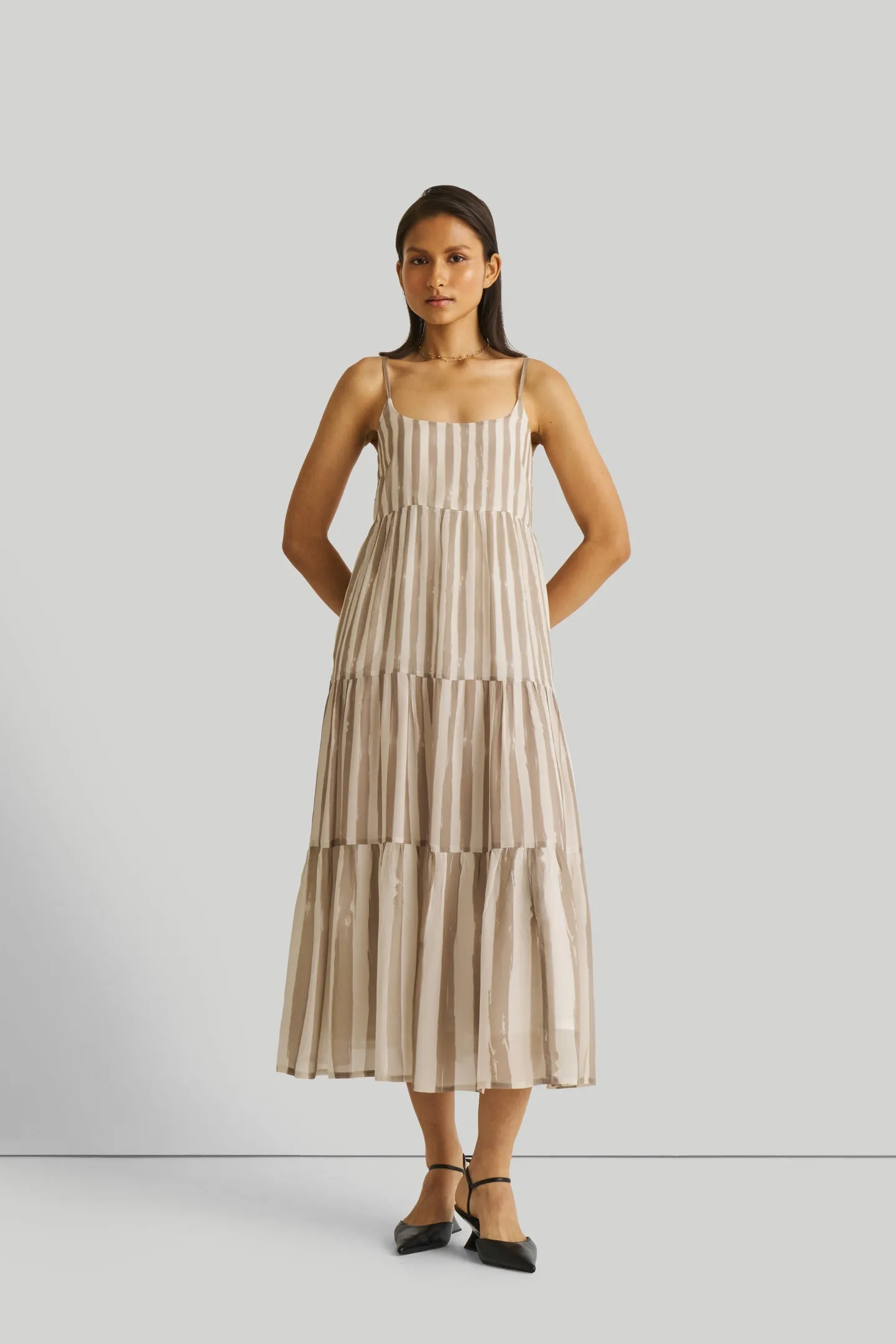 Reistor Strappy Tiered Maxi Dress in Beige Stripes