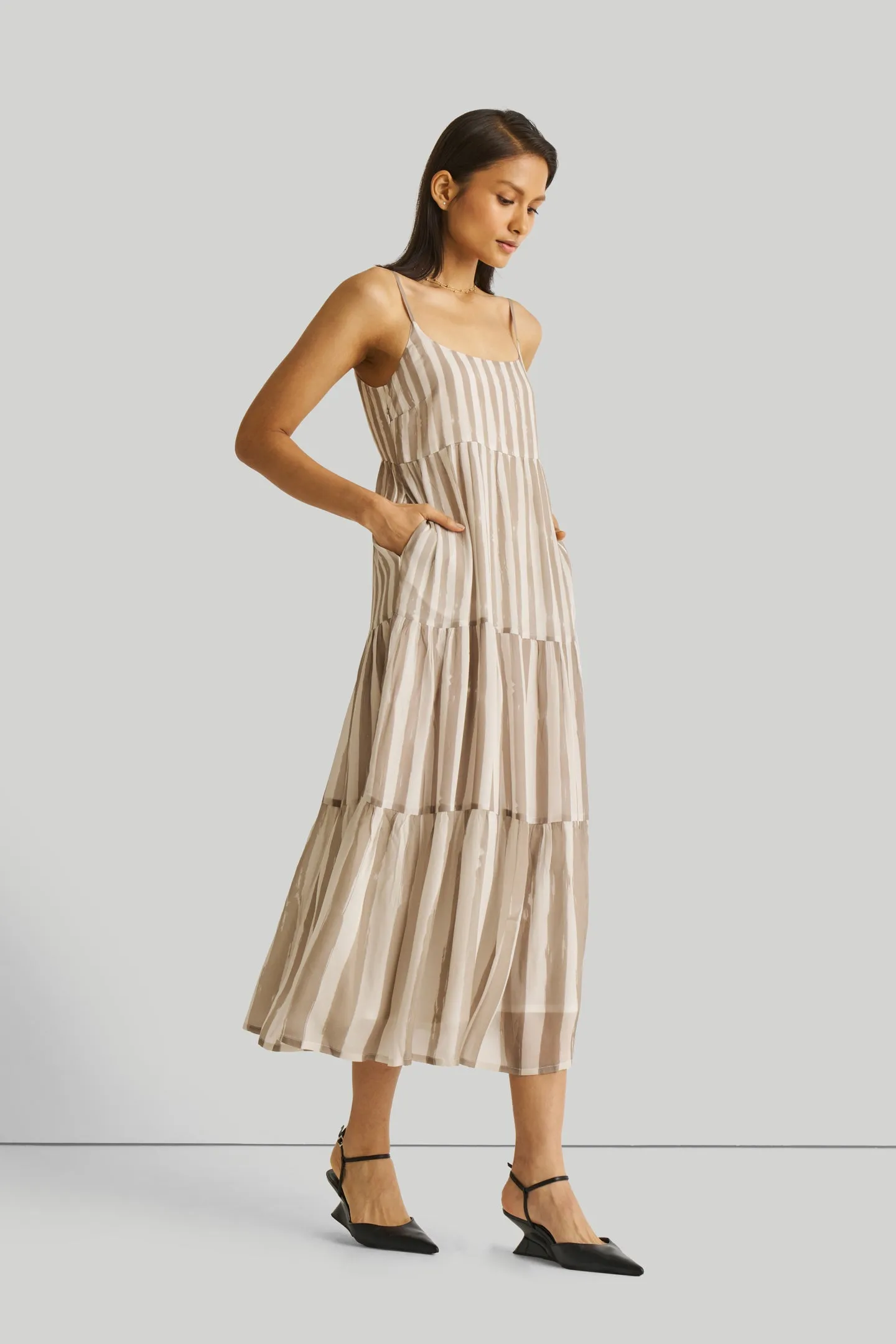 Reistor Strappy Tiered Maxi Dress in Beige Stripes