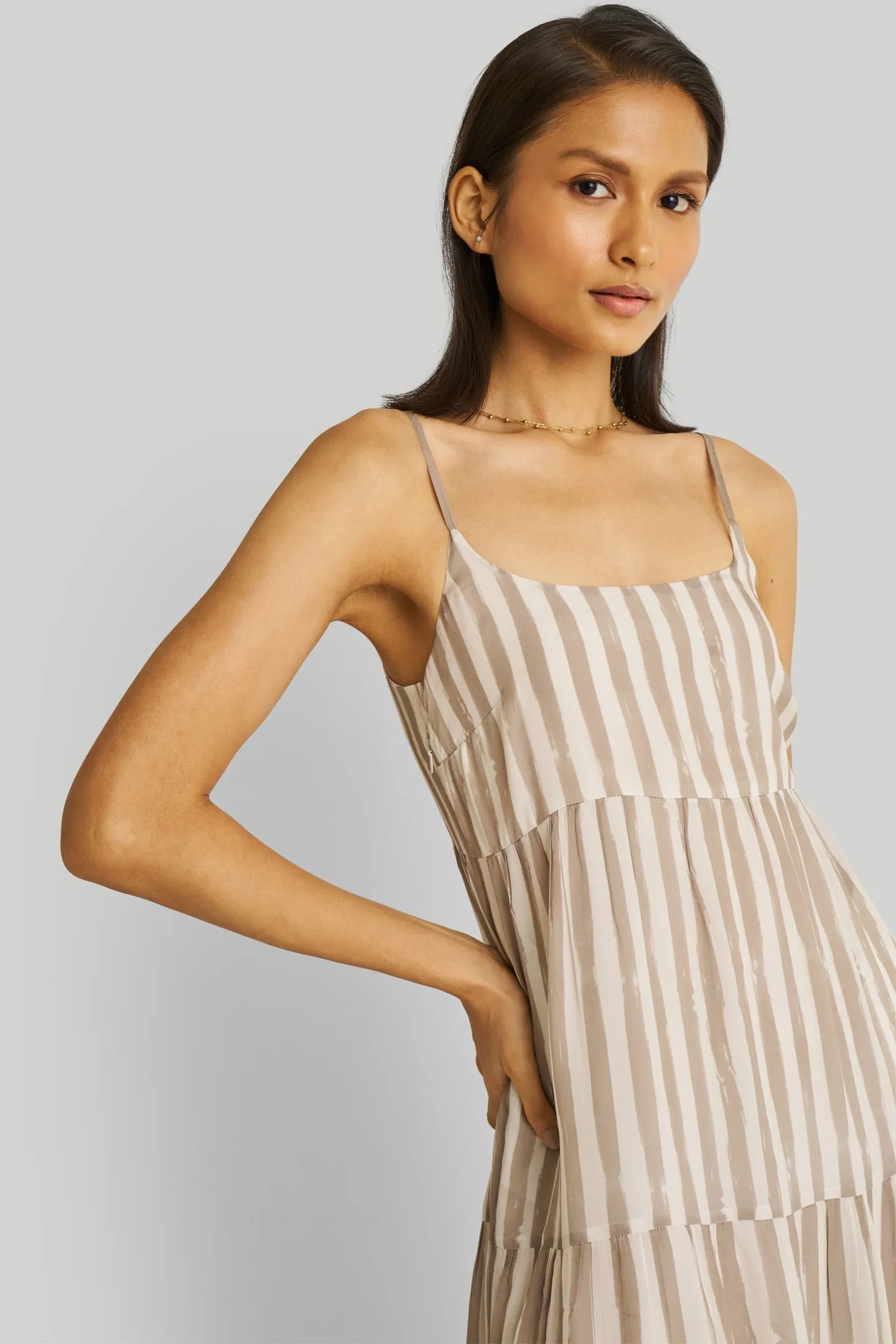 Reistor Strappy Tiered Maxi Dress in Beige Stripes