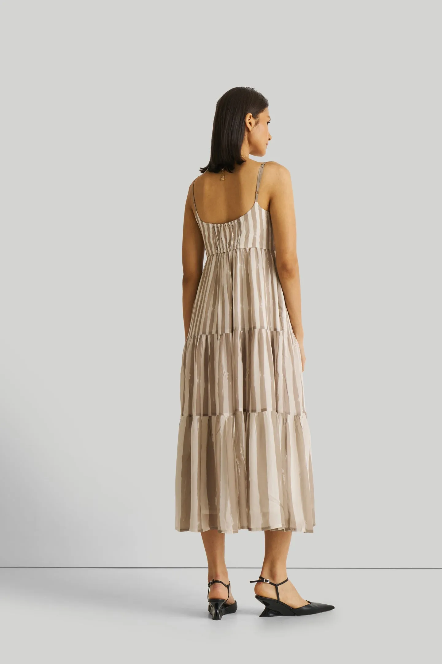 Reistor Strappy Tiered Maxi Dress in Beige Stripes