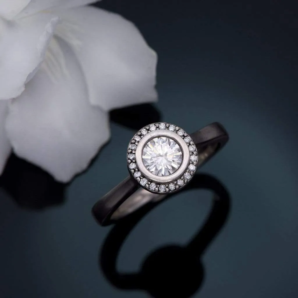 Round Bezel Set Moissanite & Diamond Halo Cathedral Engagement Ring