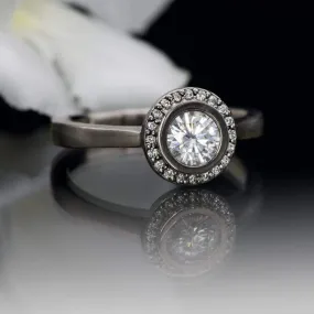 Round Bezel Set Moissanite & Diamond Halo Cathedral Engagement Ring