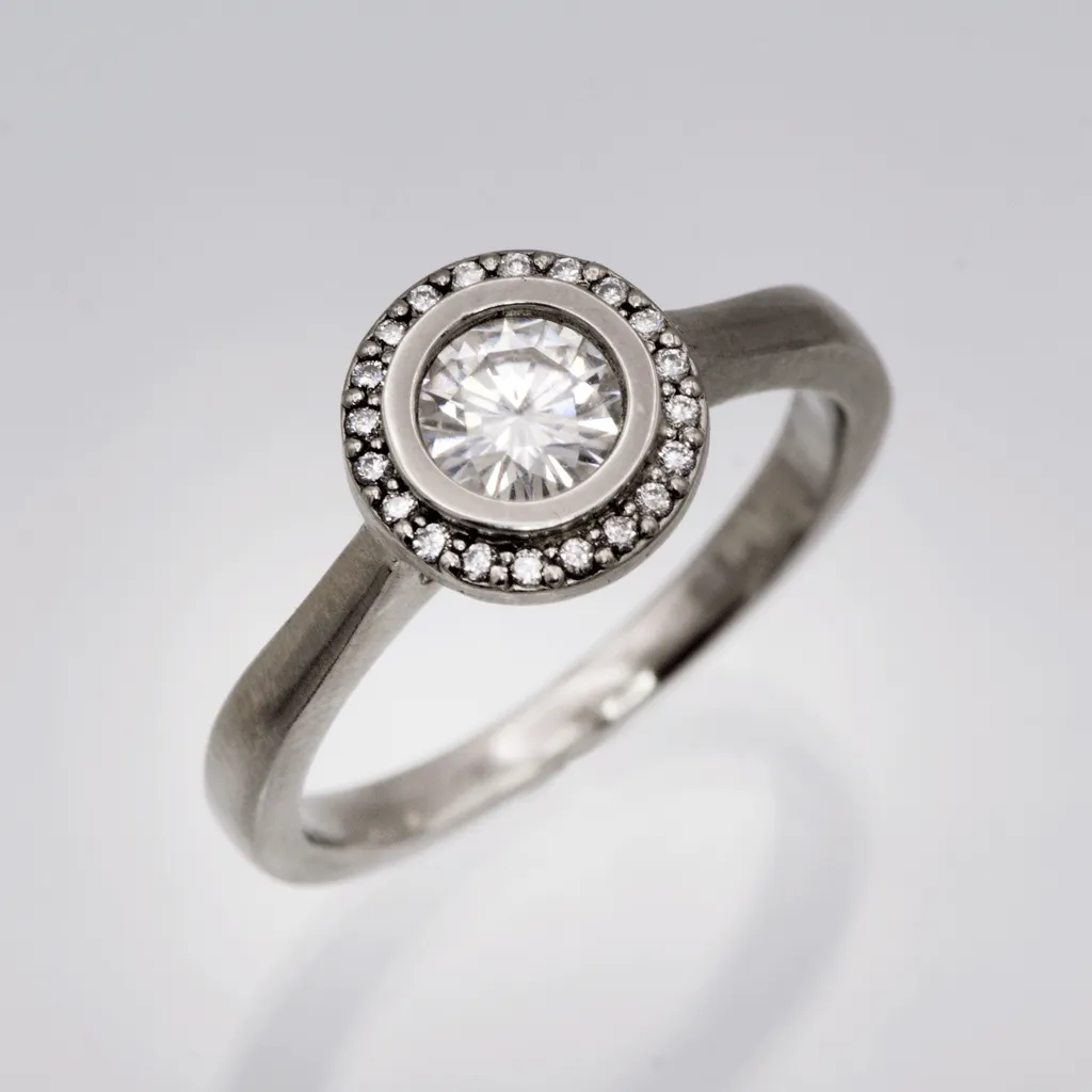 Round Bezel Set Moissanite & Diamond Halo Cathedral Engagement Ring