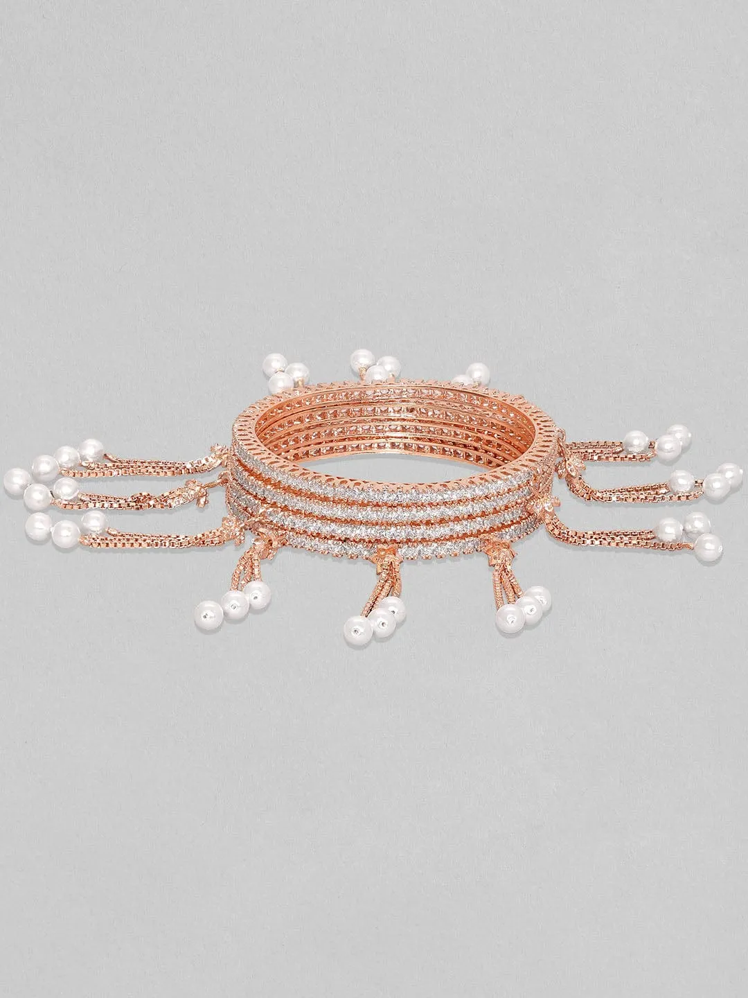 Rubans Set Of 4, 18K Rose Gold Plated White Zircons Pearl Tassels Bangles