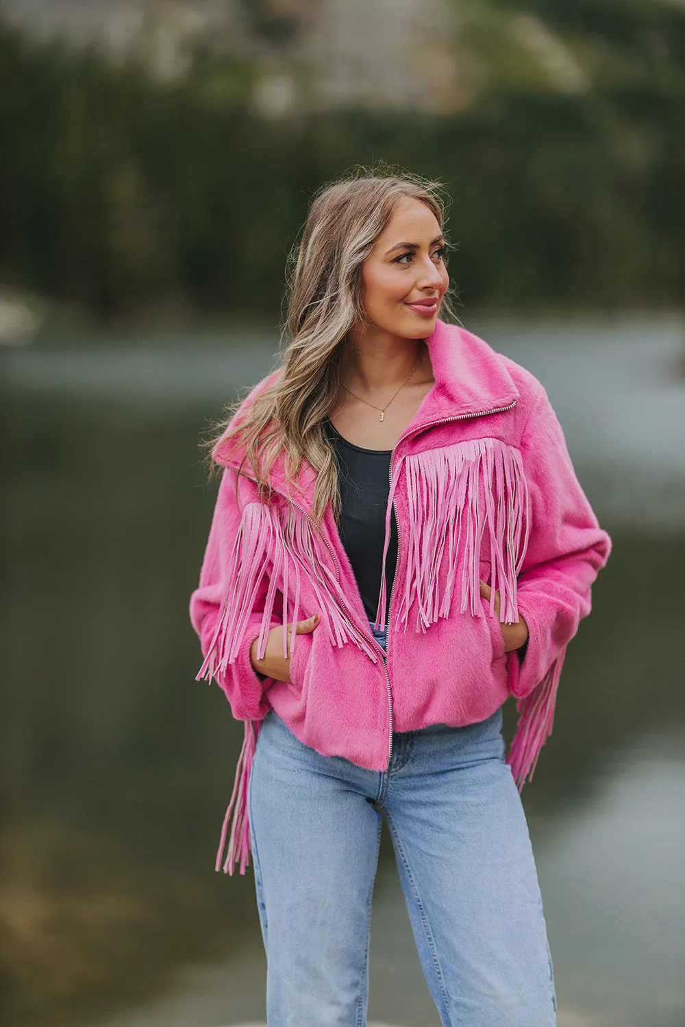 Skylar Fringe Faux Fur Jacket - Hot Pink