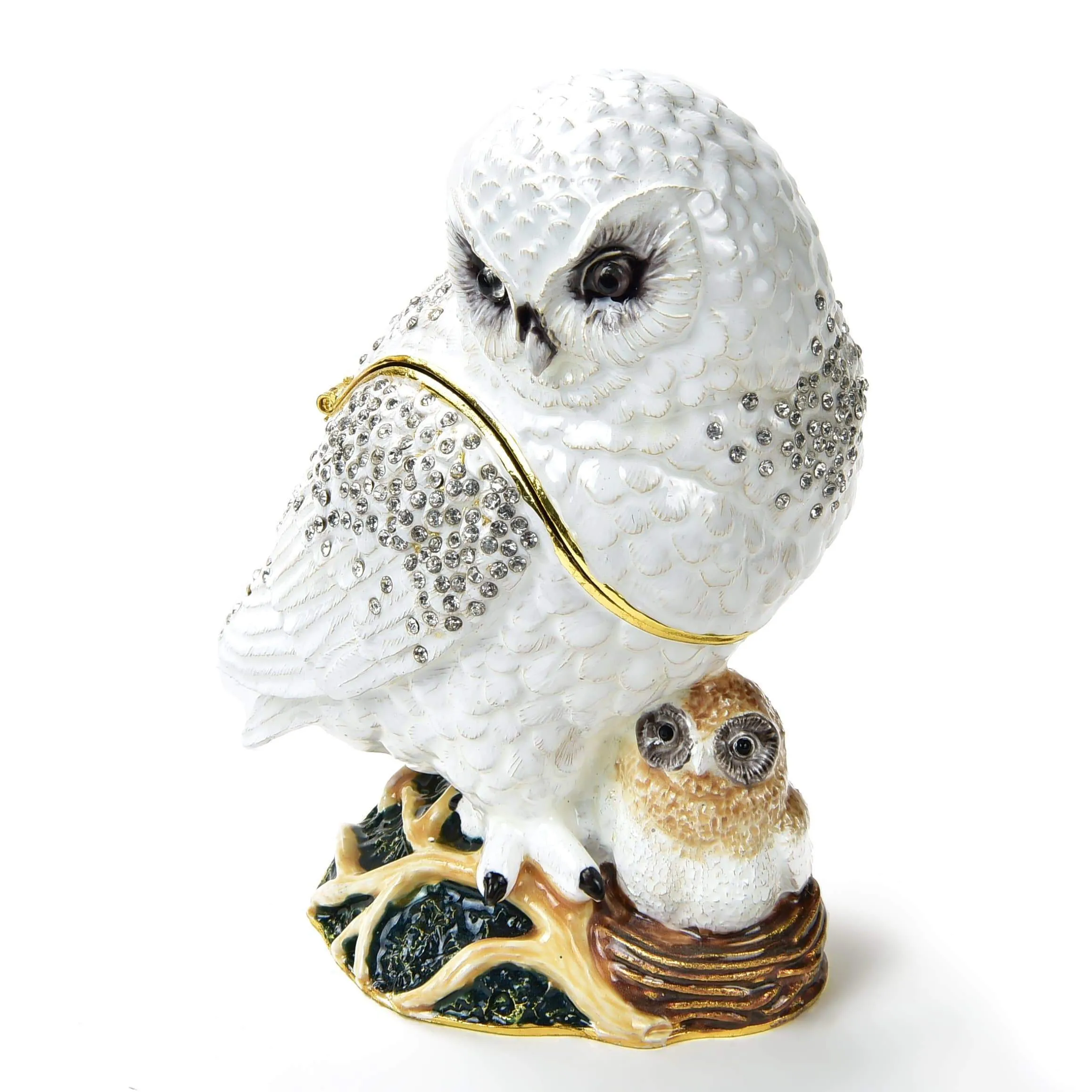 Snowy White Owl Figurine Keepsake Box made with Crystals