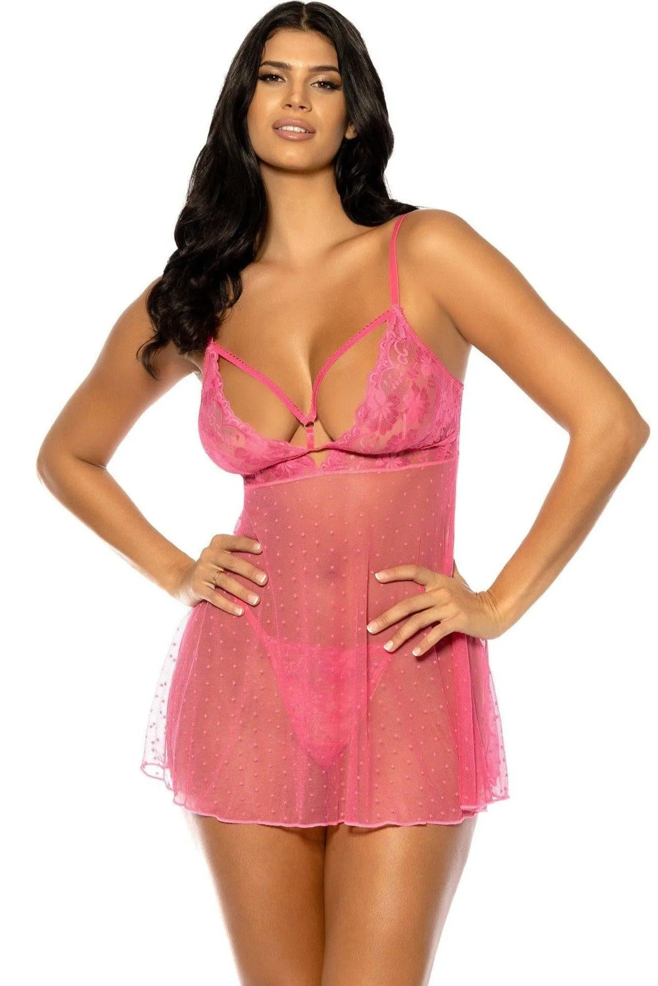 Soft Cup Lace Babydoll with Decorative Elastic Details and Matching Panty | Pink