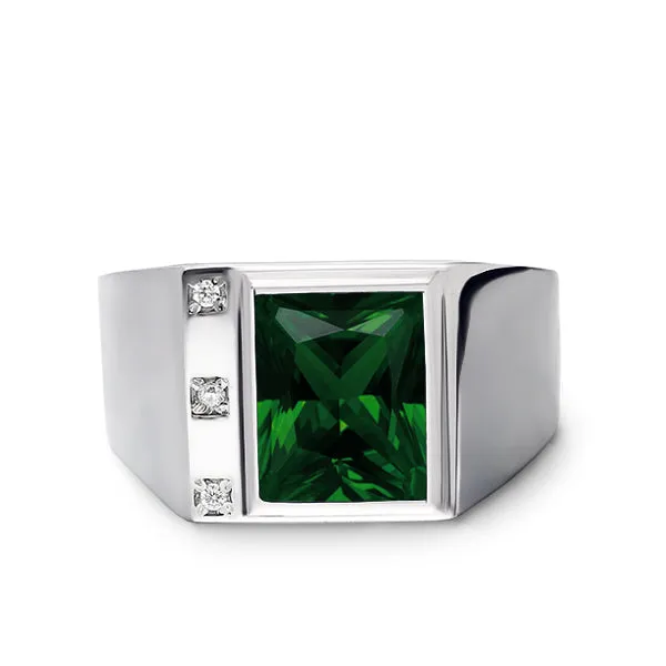 Solid 14K White Gold Emerald Mens Ring 0.06ct Natural Diamonds Ring for Men