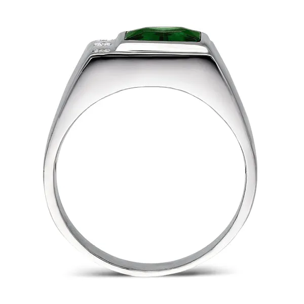 Solid 14K White Gold Emerald Mens Ring 0.06ct Natural Diamonds Ring for Men