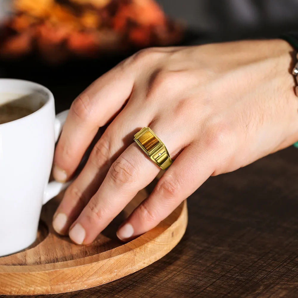 Solid Real 10K Yellow Fine Gold Band Ring for Men Tiger's Eye with 2 Natural Diamonds