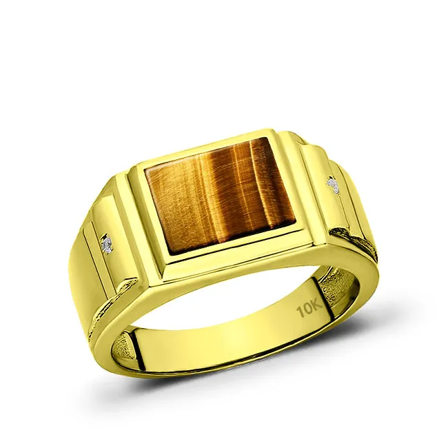 Solid Real 10K Yellow Fine Gold Band Ring for Men Tiger's Eye with 2 Natural Diamonds