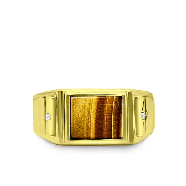 Solid Real 10K Yellow Fine Gold Band Ring for Men Tiger's Eye with 2 Natural Diamonds