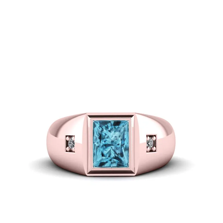 Stone Pinky Ring SOLID 10K Rose Gold 2.40ct Topaz with 2 Real Diamonds Simple Men's Wedding Band