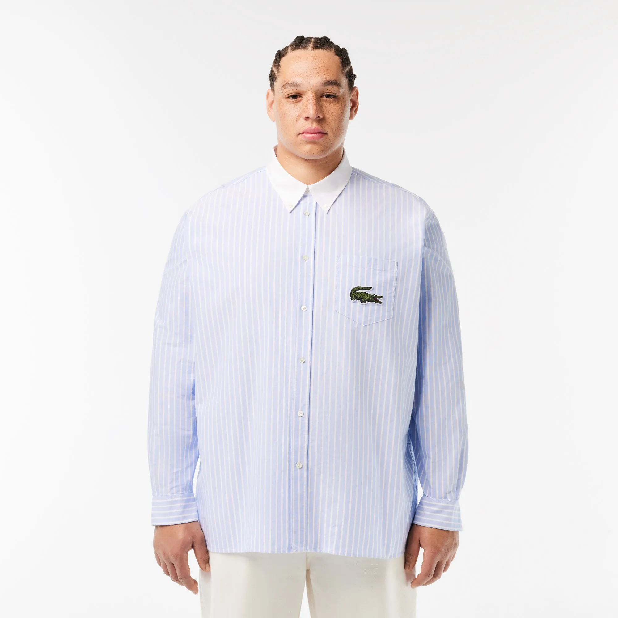 Striped Maxi Croc Contrast Collar Cotton Oxford Shirt