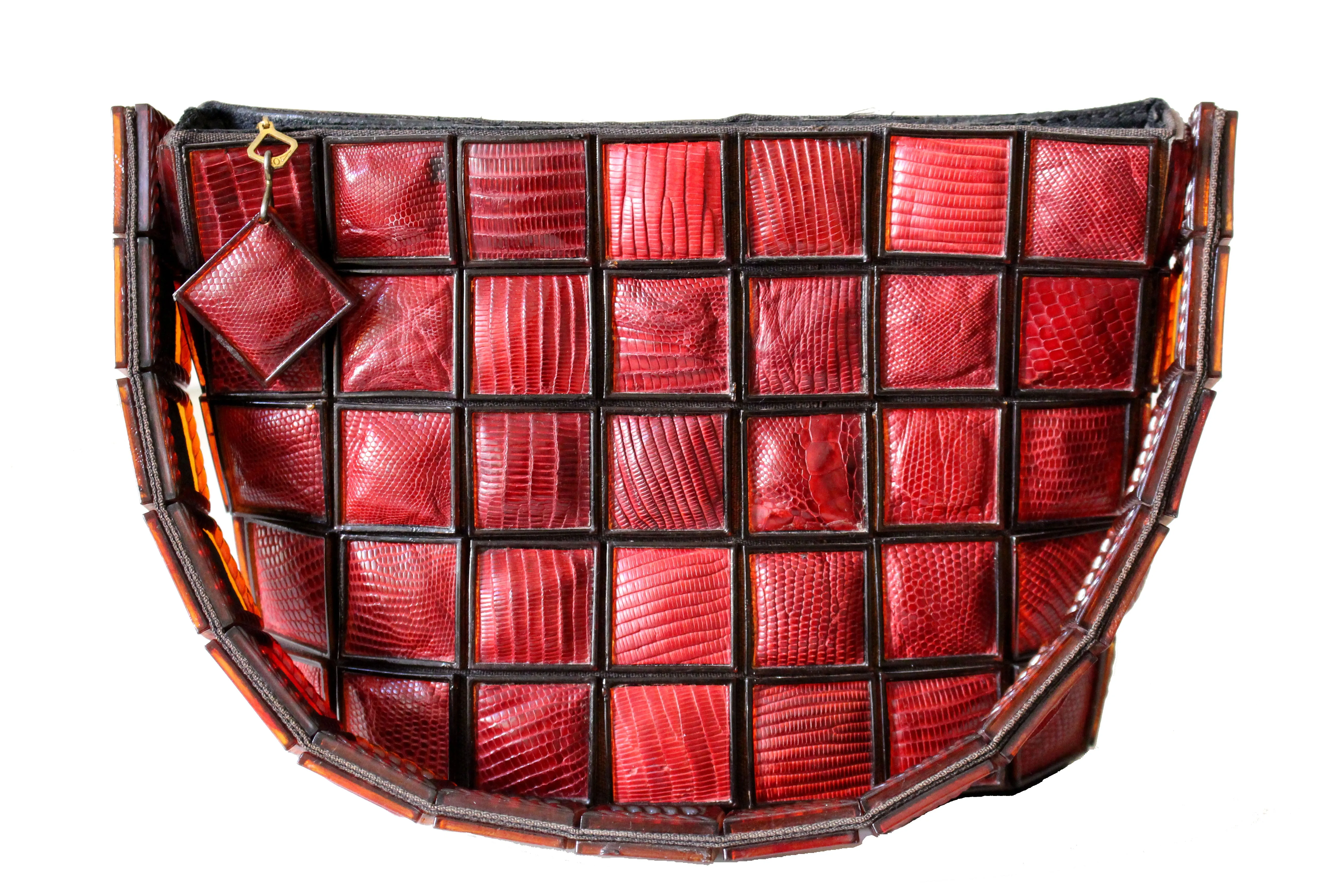 Tiled red wine color lizard skin handbag clutch