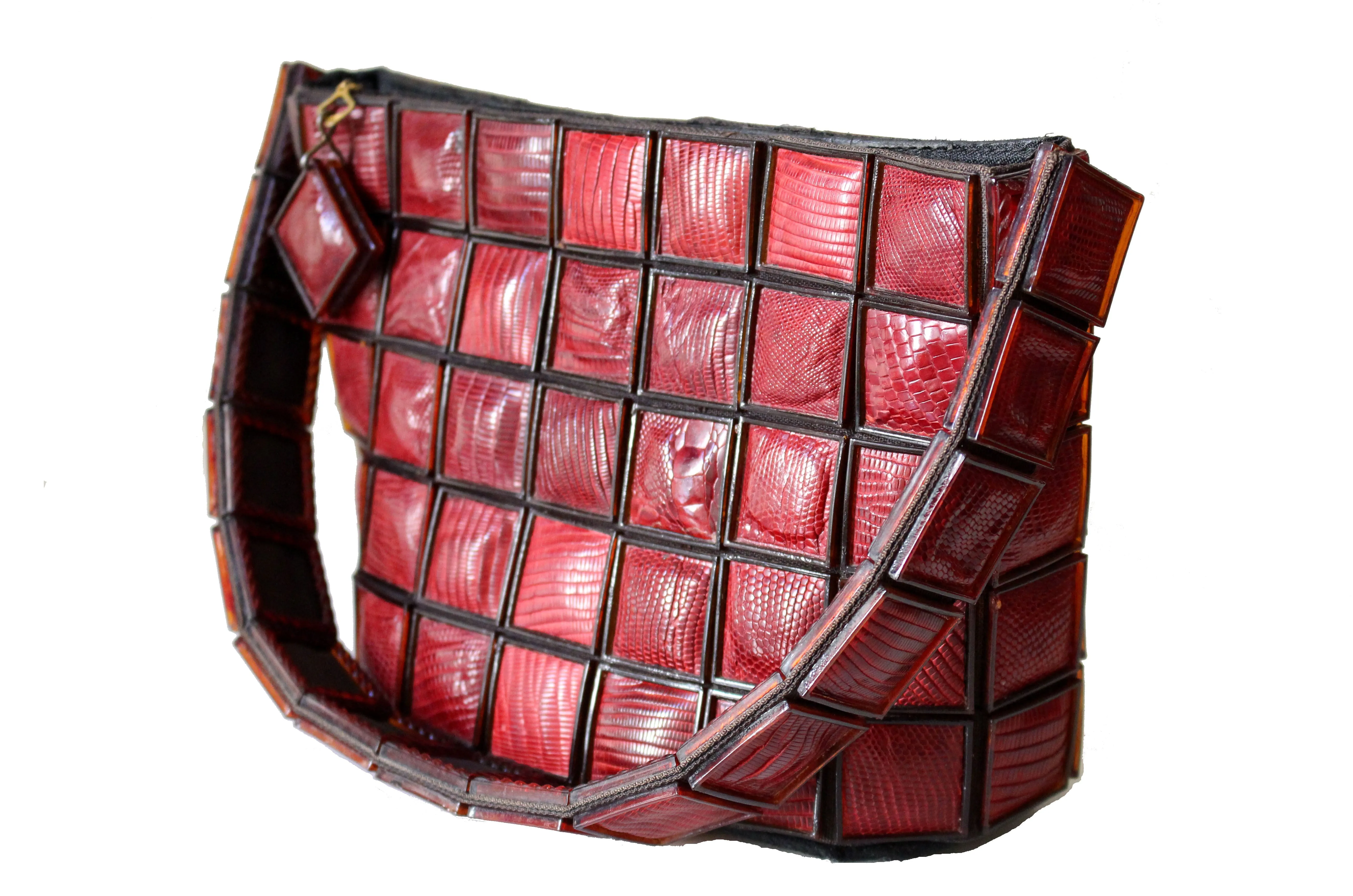 Tiled red wine color lizard skin handbag clutch