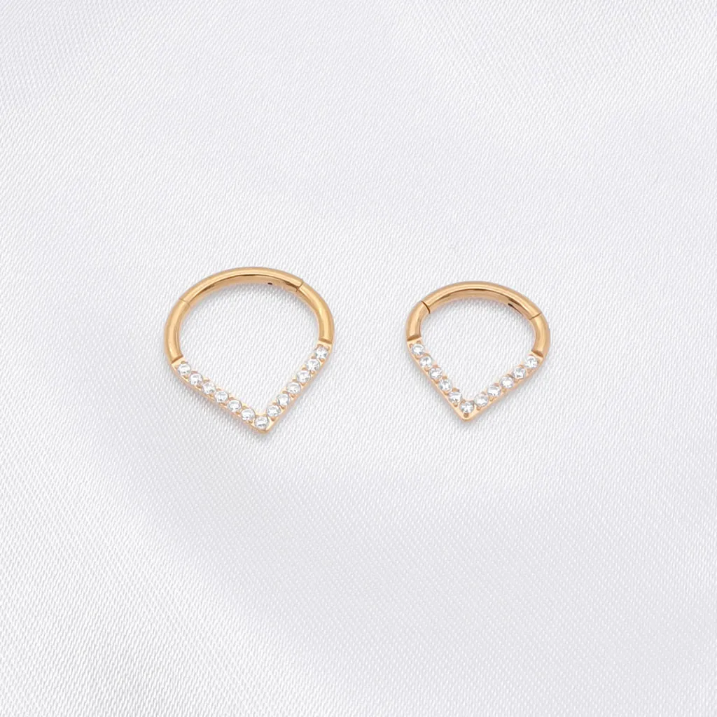 Titanium Hinged Segment Hoop Ring with CZ Paved Chevron - Gold