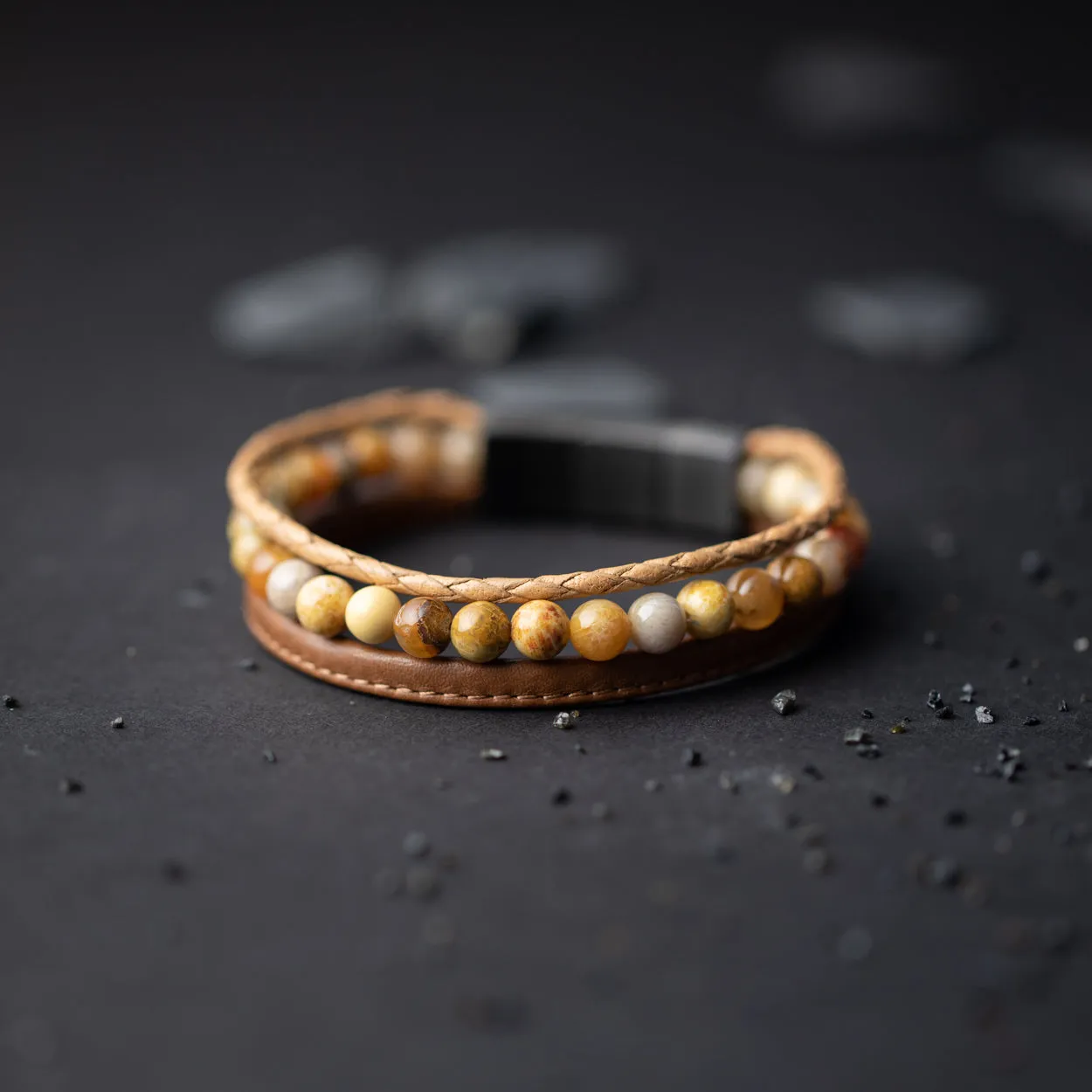 Triple bracelet with 6mm Jasper stone and Nappa leather