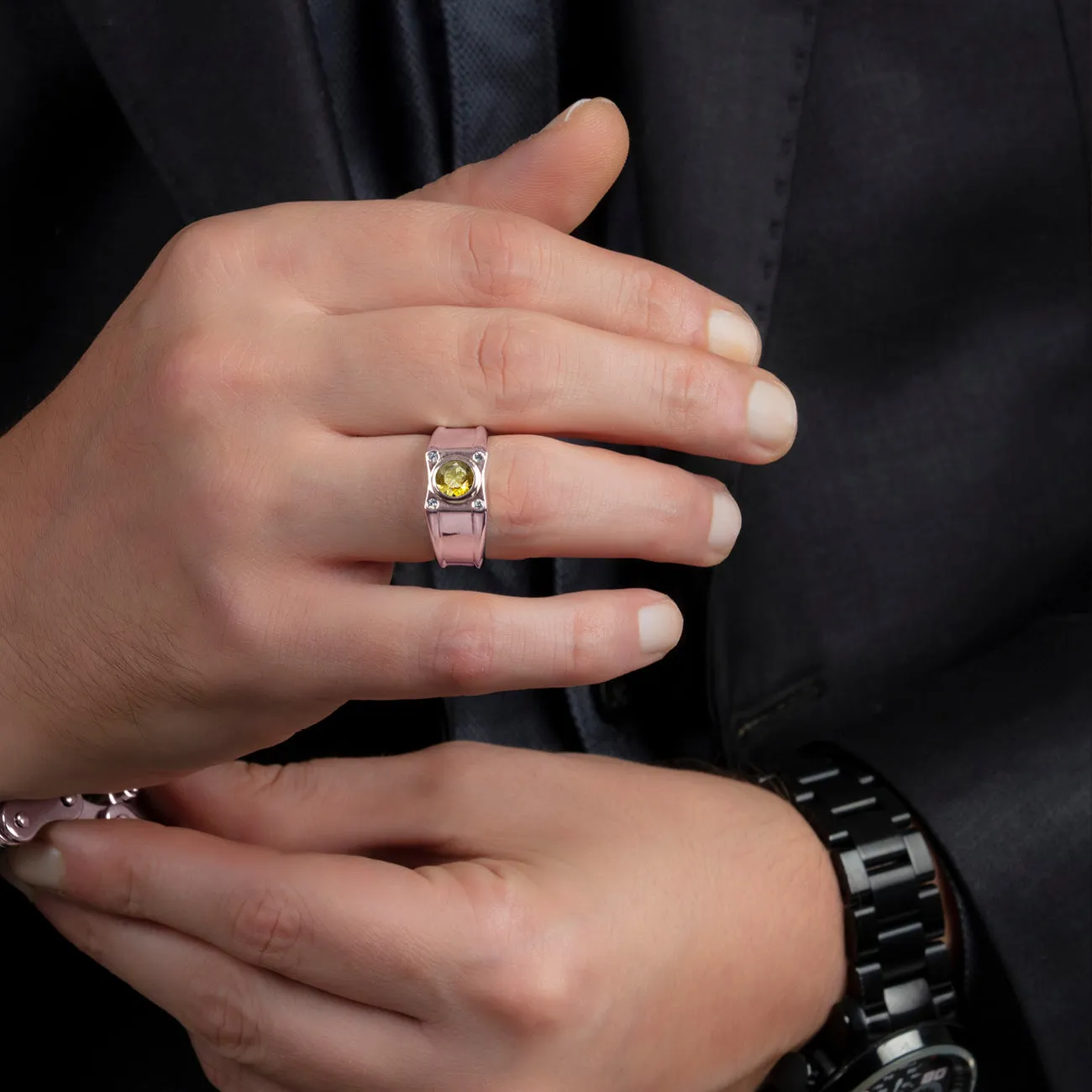 Wide Band Pinky Ring in SOLID 10K Gold Natural Diamonds and Round Citrine Gemstone Male Gift