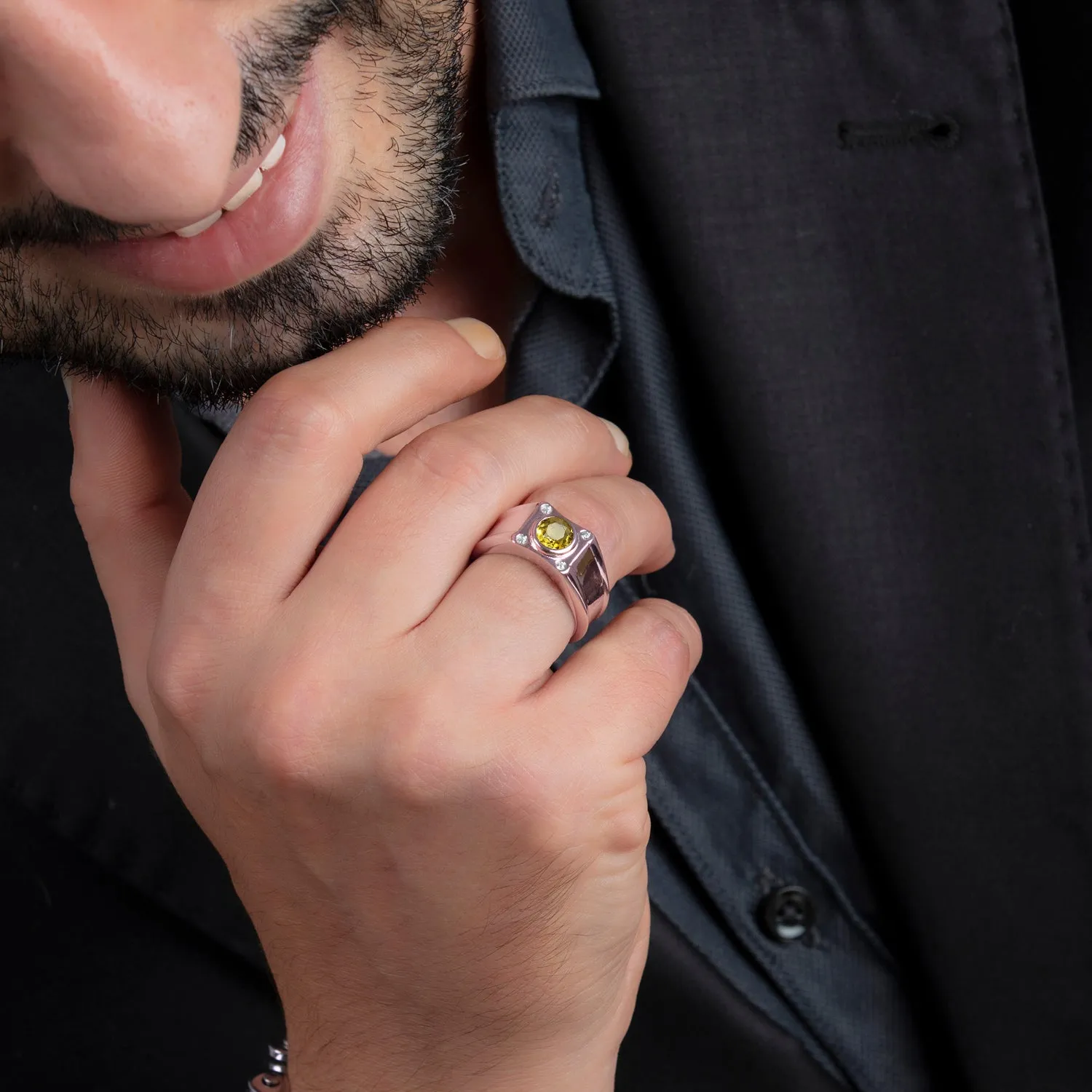 Wide Band Pinky Ring in SOLID 10K Gold Natural Diamonds and Round Citrine Gemstone Male Gift